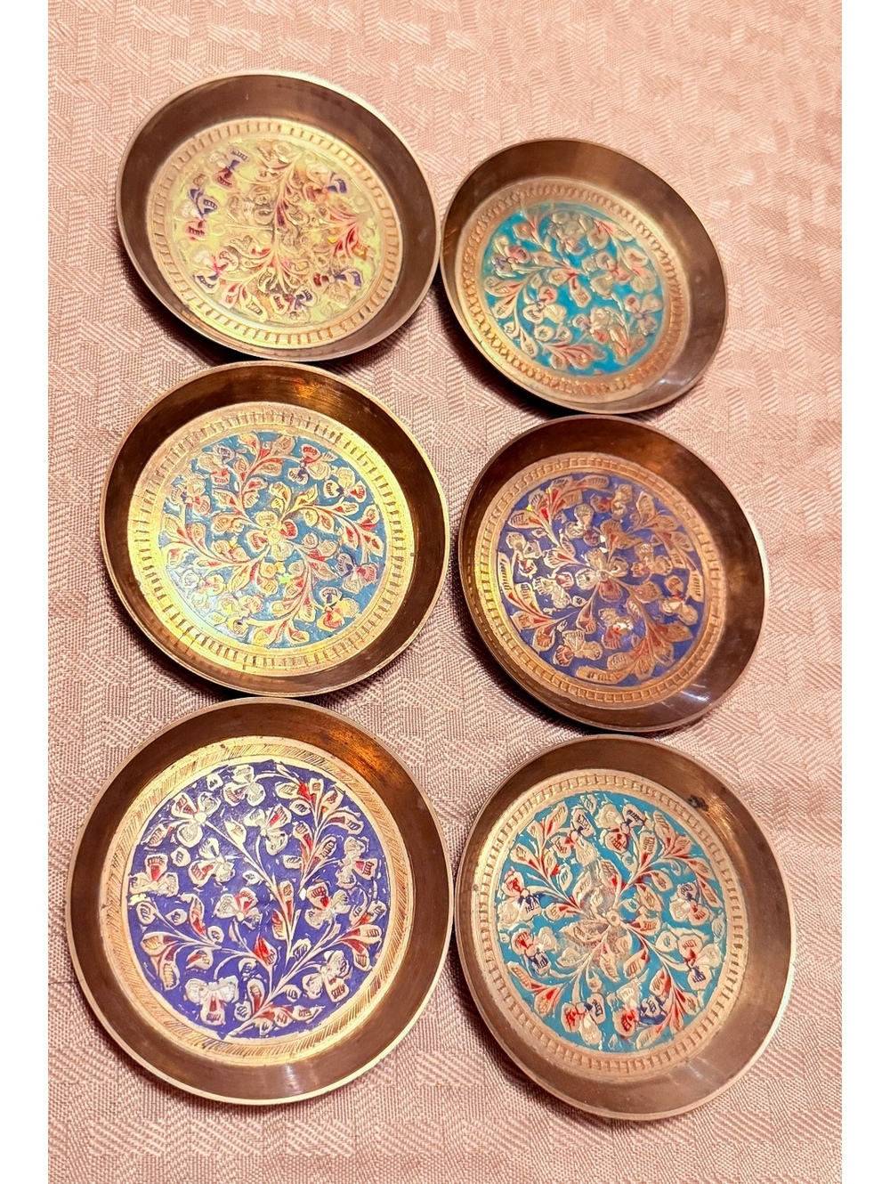 Vintage India Enameled Brass Floral Trinket Dishes Coasters Set of 6